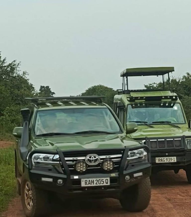 Black Toyota Land Cruiser Prado driving off-road during a Rwanda safari adventure with Kigali Car Rent