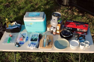 Complete self drive camping equipment kit including gas stove table and chairs for 4x4 car rental in Rwanda