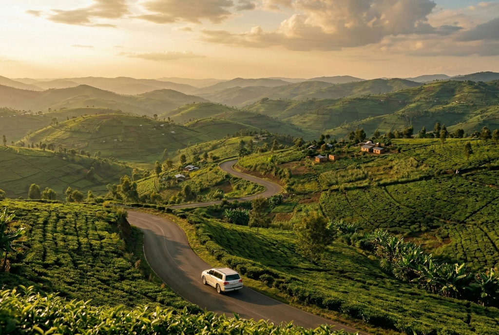 Self-drive rental SUV travelling on a scenic road in Rwanda
